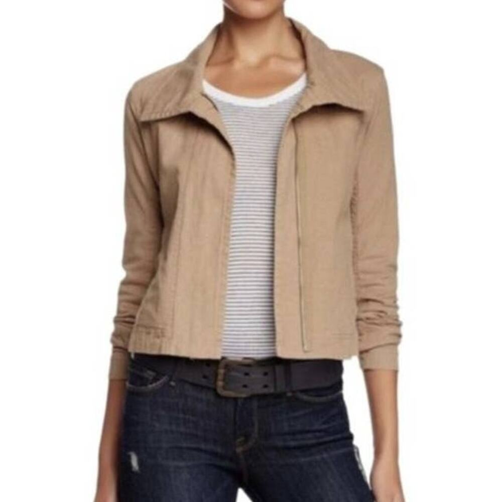 James Perse Cropped Skinny Moto Jacket Khaki Tan XLarge